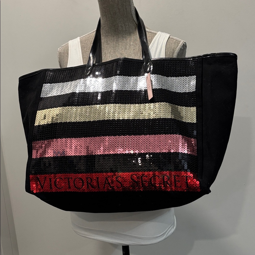 Victoria’s Secret Sequin Stripe Tote Black Large Shopper Weekender Bag NWT - Picture 4 of 14